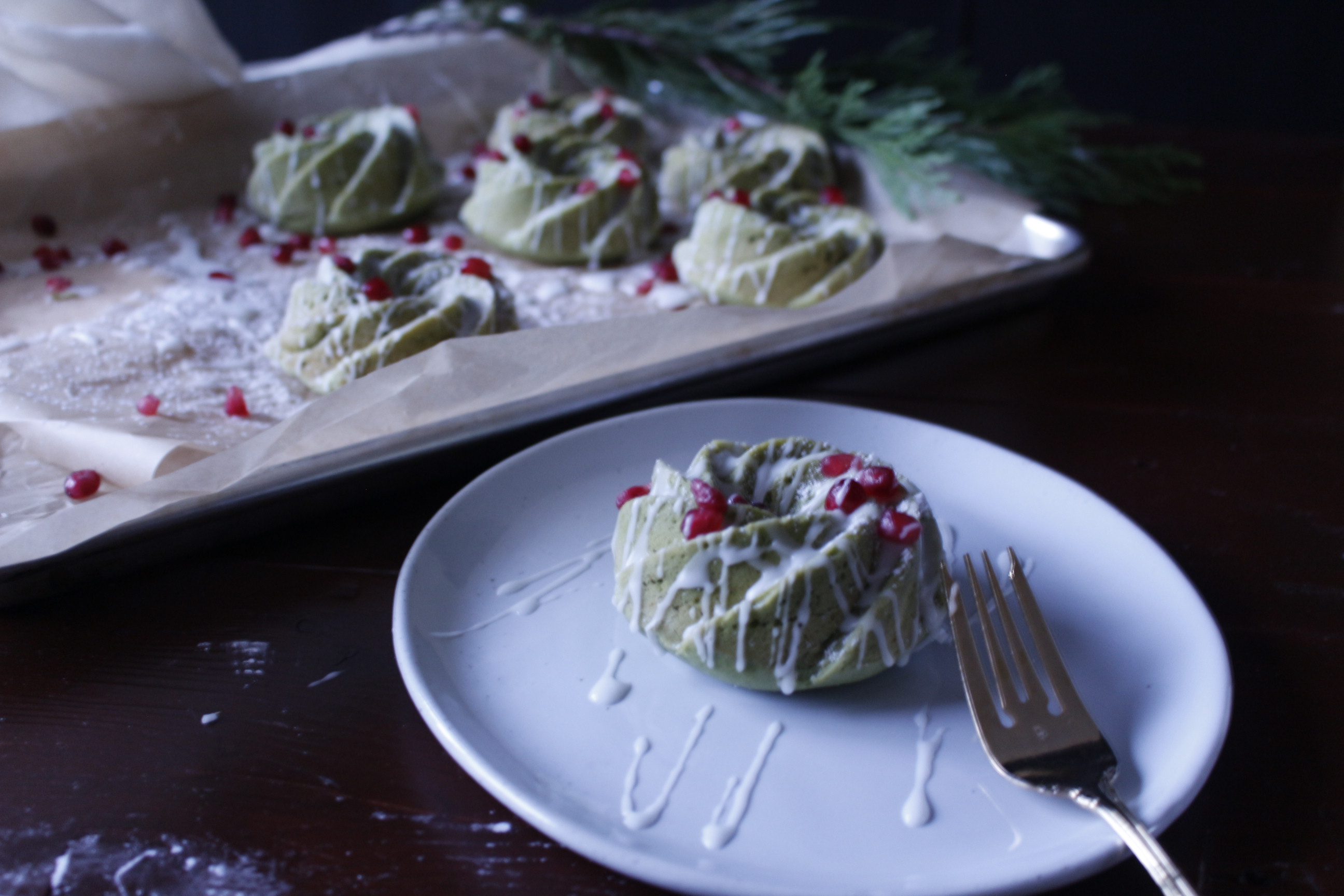 Matcha Cakes and lemon pomegranate