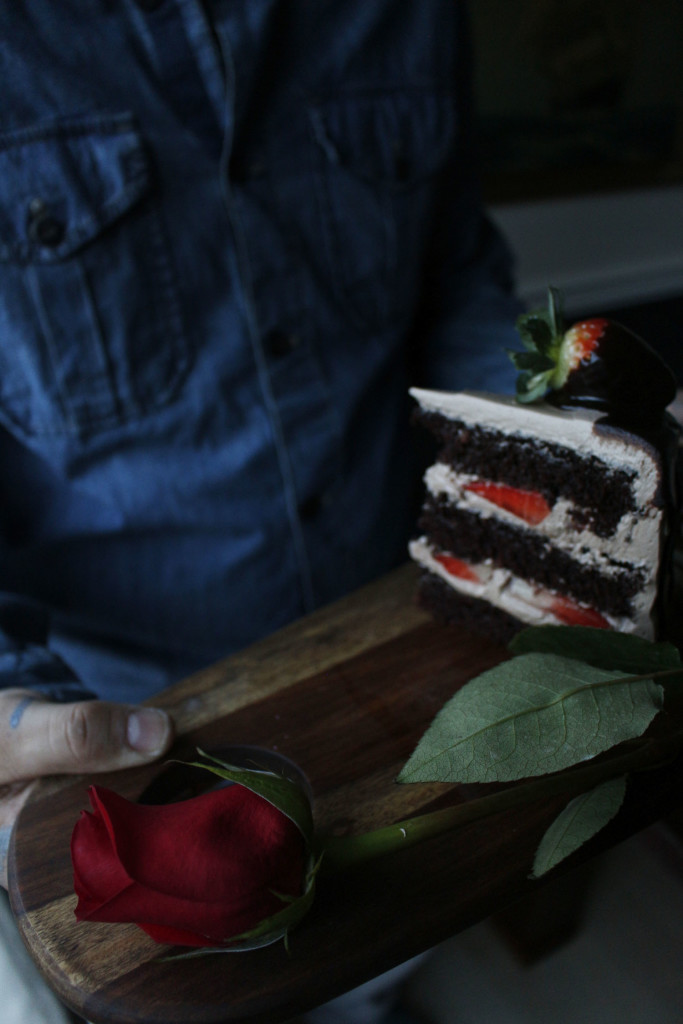 Chocolate Dipped Strawberry Cake. A romantic, dense and fluffy chocolate cake with a ganache meringue frosting.