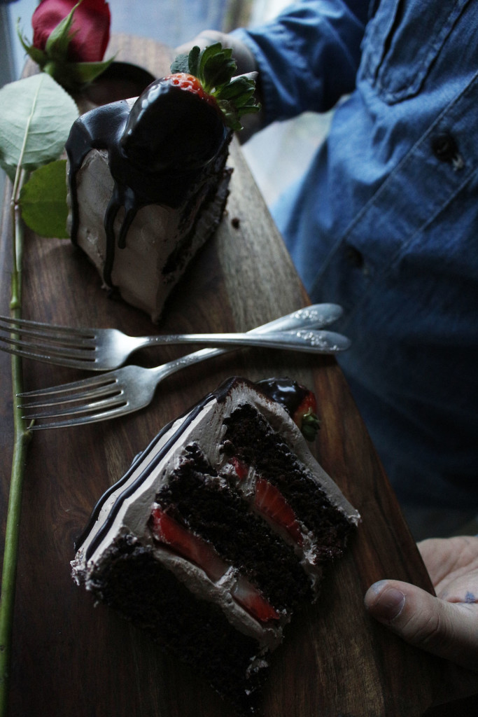 Chocolate Dipped Strawberry Cake. A romantic, dense and fluffy chocolate cake with a ganache meringue frosting.