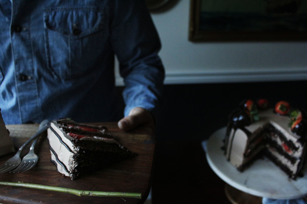 Chocolate Dipped Strawberry Cake. A romantic, dense and fluffy chocolate cake with a ganache meringue frosting.