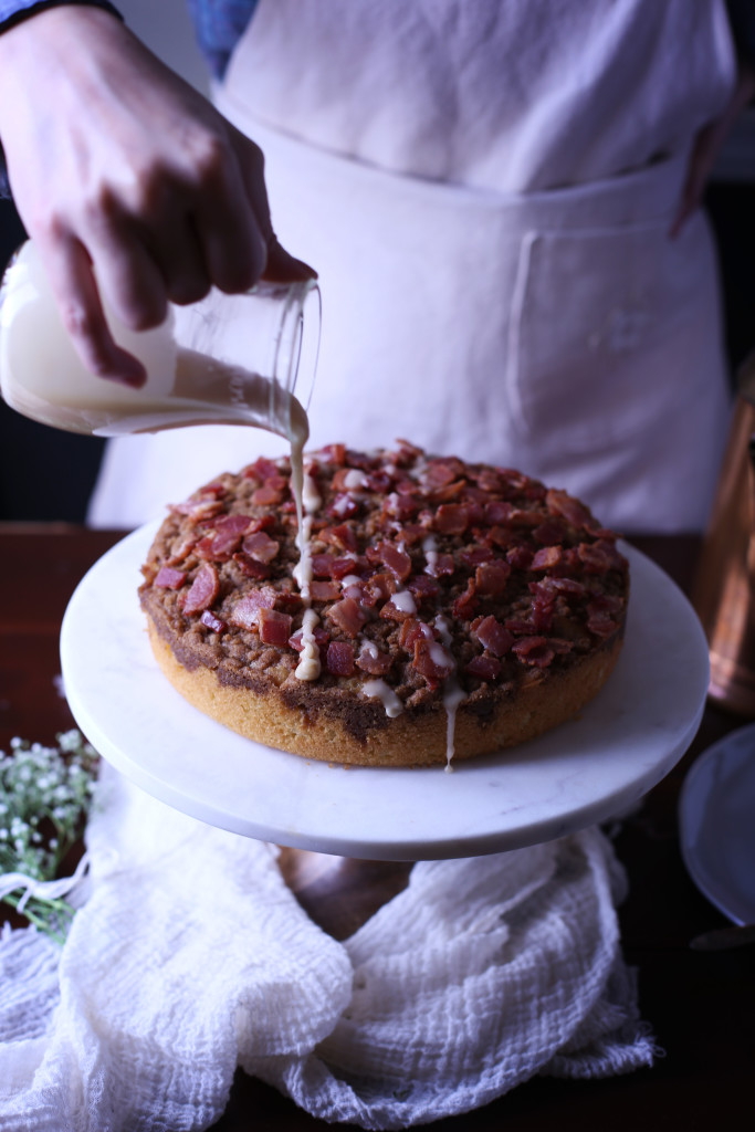 Coffee Cake made with a bacon crumble and topped with a maple drizzle.