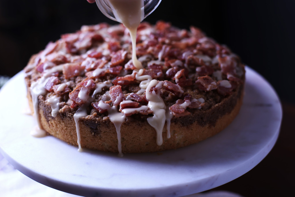 Coffee Cake made with a bacon crumble and topped with a maple drizzle. 