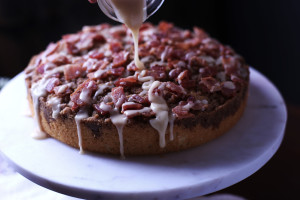 Coffee Cake made with a bacon crumble and topped with a maple drizzle.