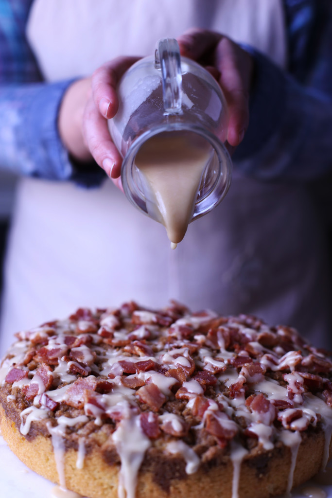 Coffee Cake made with a bacon crumble and topped with a maple drizzle. 