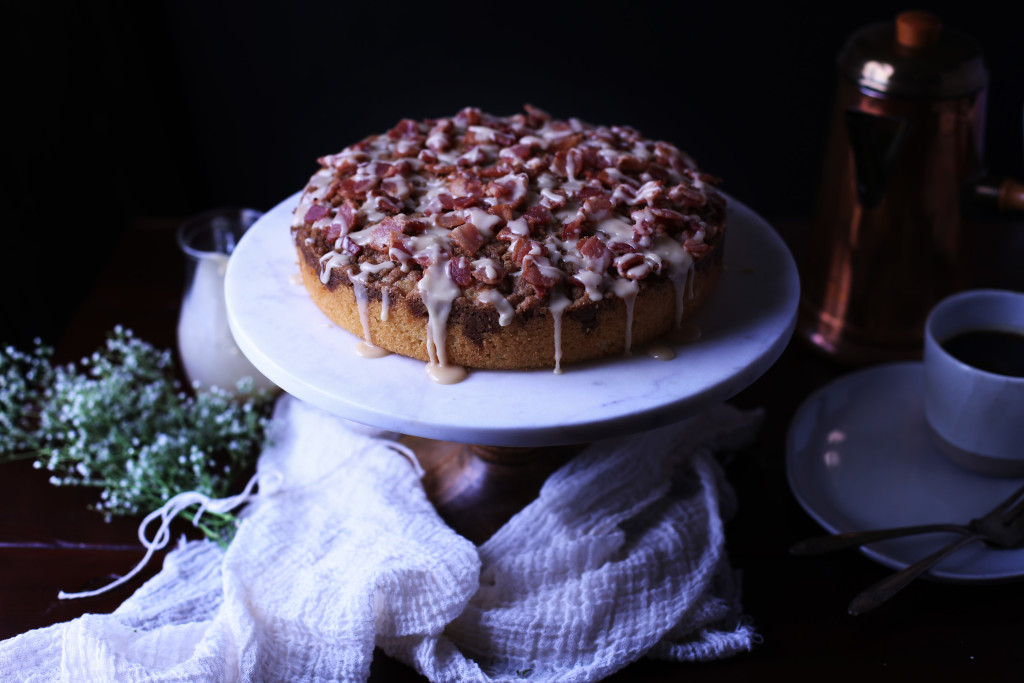 Coffee Cake made with a bacon crumble and topped with a maple drizzle.