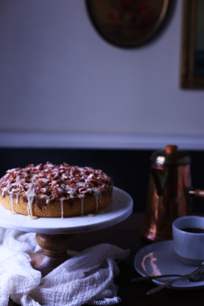 Coffee Cake made with a bacon crumble and topped with a maple drizzle.