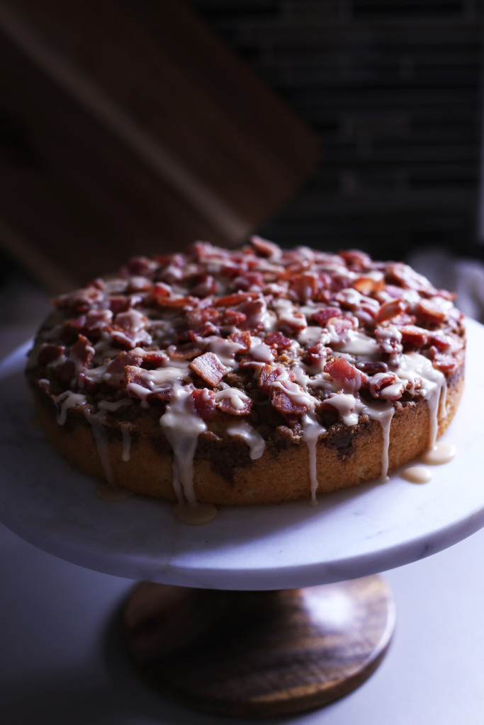 Coffee Cake made with a bacon crumble and topped with a maple drizzle.