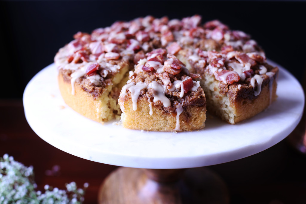 Coffee Cake made with a bacon crumble and topped with a maple drizzle.