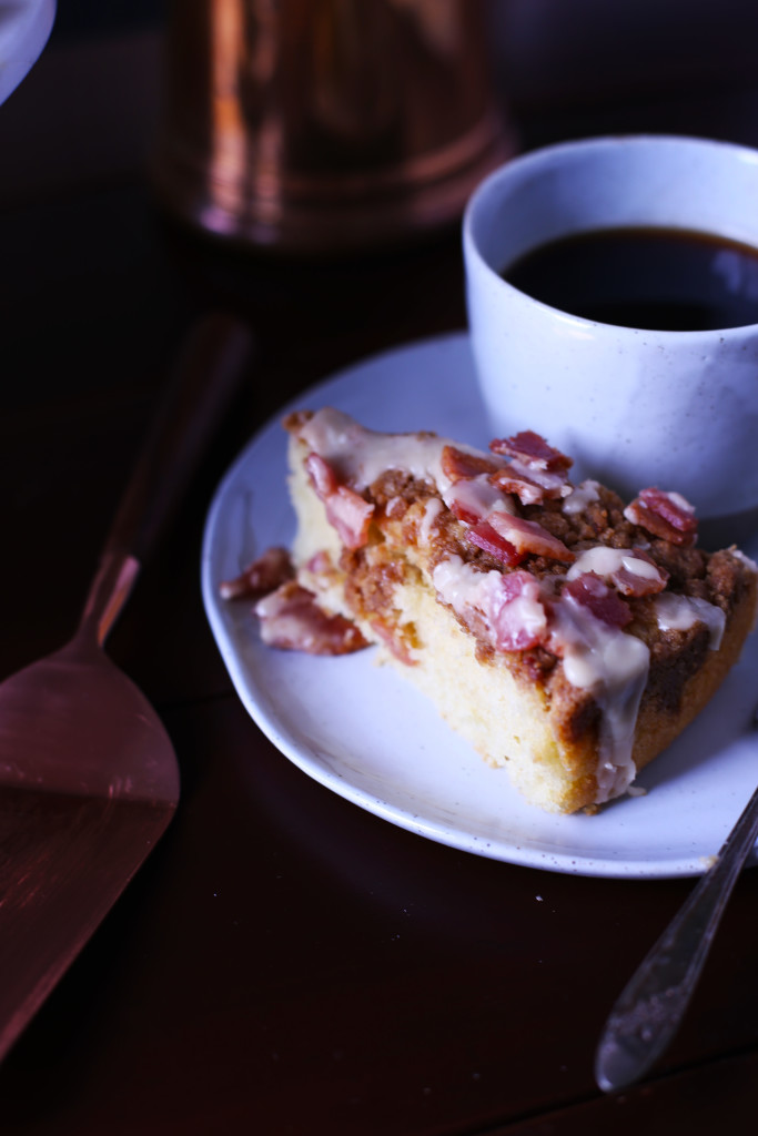 Coffee Cake made with a bacon crumble and topped with a maple drizzle.