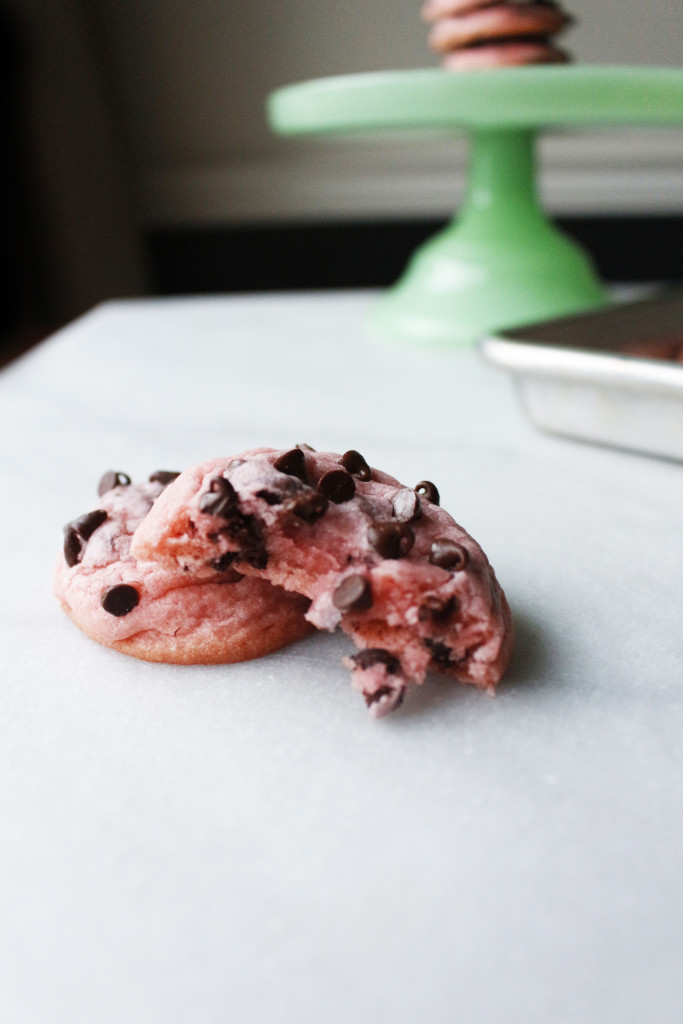 Soft and chewy Pink Velvet Chocolate Chip cookies. Perfect for you're Valentines Day or princess party.