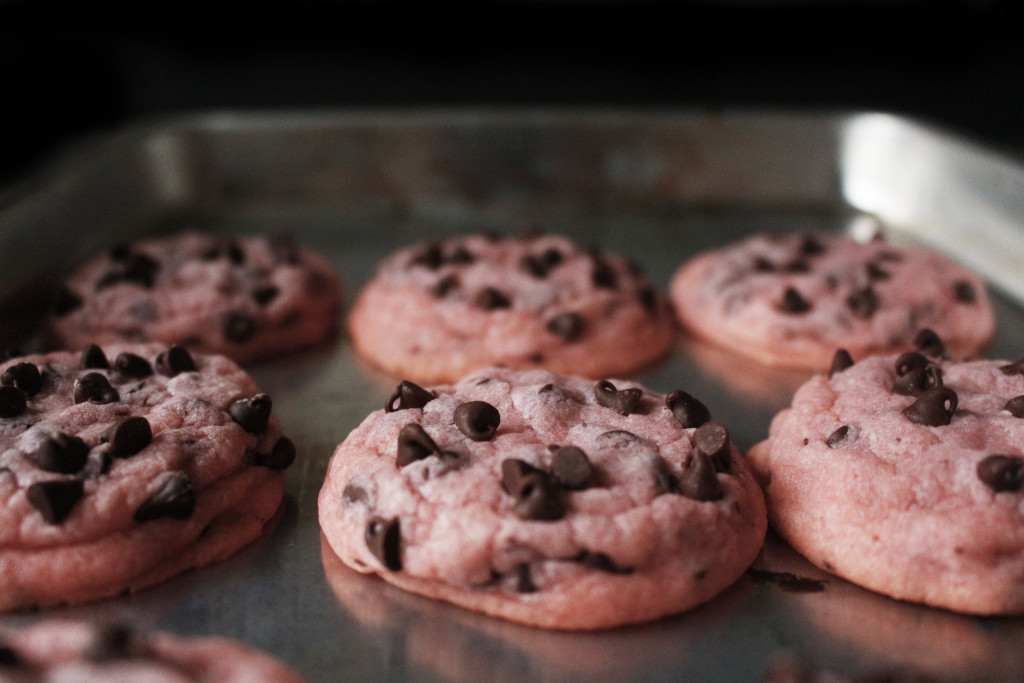 Soft and chewy Pink Velvet Chocolate Chip cookies. Perfect for you're Valentines Day or princess party.