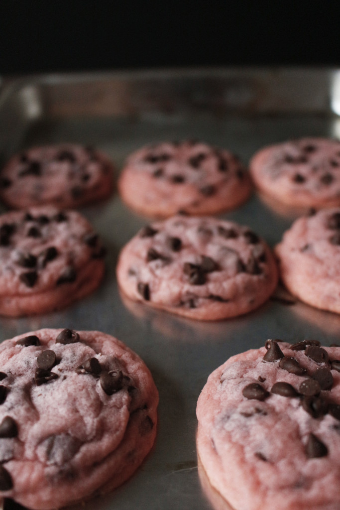 Soft and chewy Pink Velvet Chocolate Chip cookies. Perfect for you're Valentines Day or princess party.