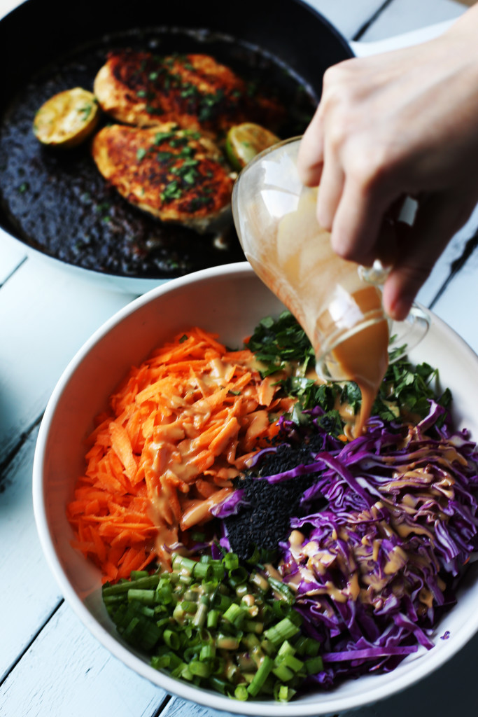 Thai chop salad with creamy peanut dressing and lime coconut chicken.