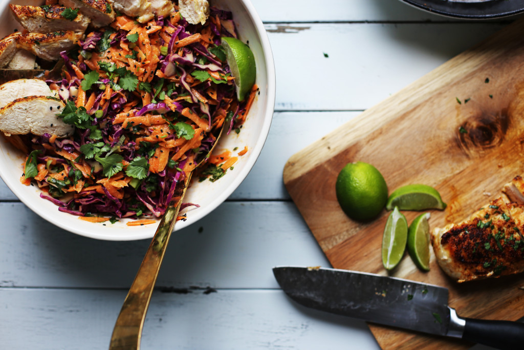 Thai chop salad with creamy peanut dressing and lime coconut chicken.