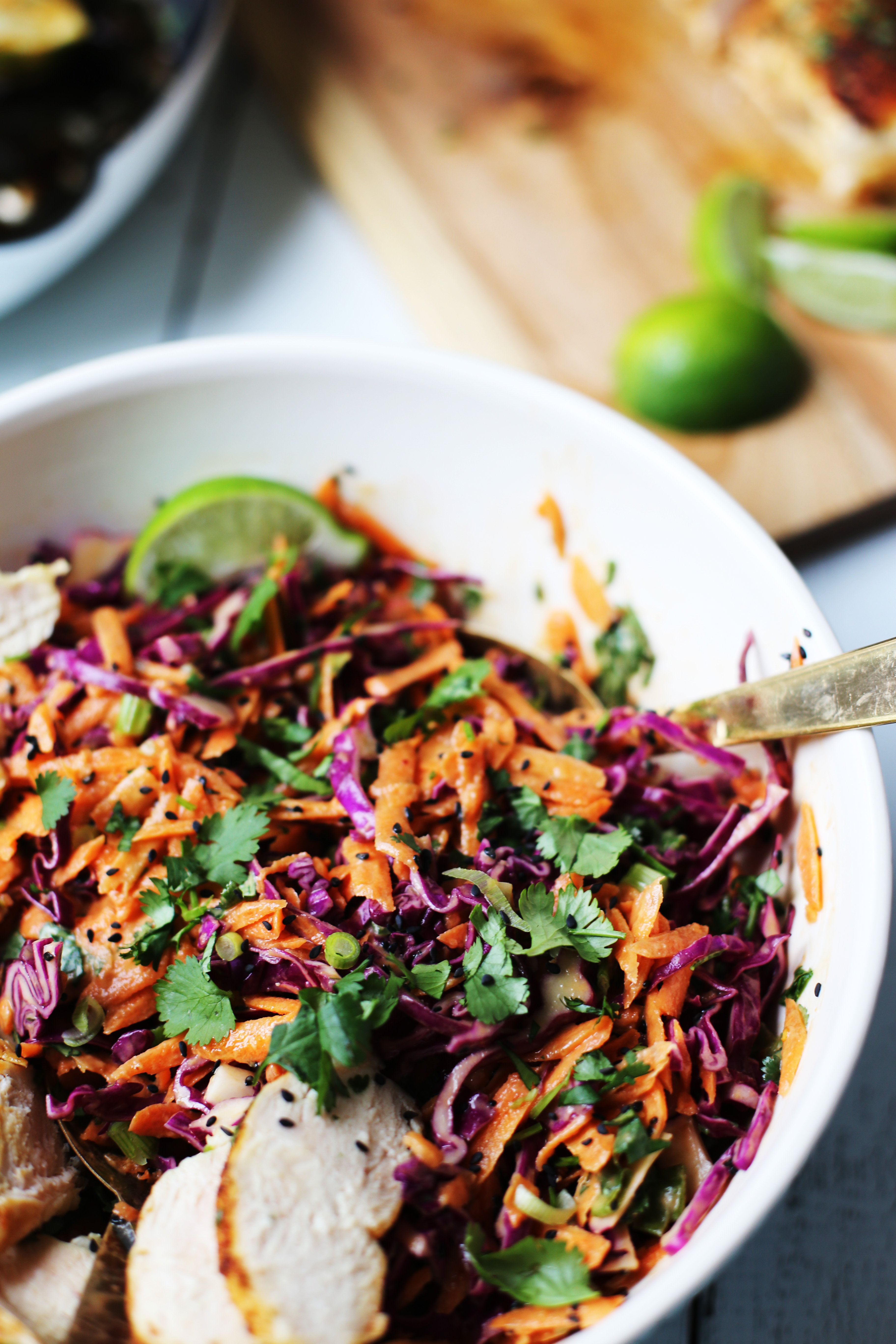 Thai chop salad with creamy peanut dressing and lime coconut chicken.