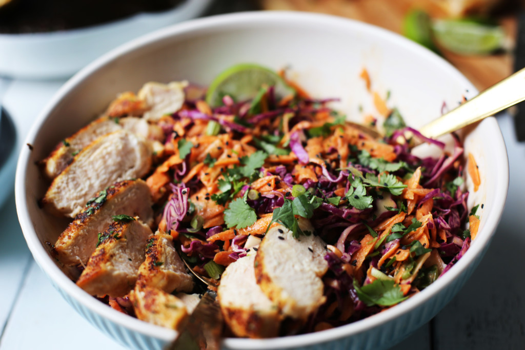 Thai chop salad with creamy peanut dressing and lime coconut chicken.