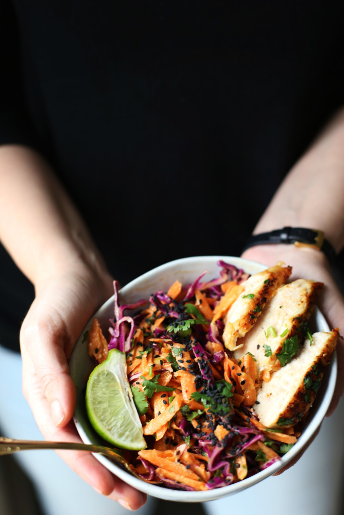 Thai chop salad with creamy peanut dressing and lime coconut chicken.