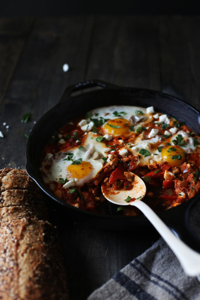 Shakshuka for two! Poached eggs in a tomato sauce warmed with cumin and smoked paprika sprinkled with feta cheese.