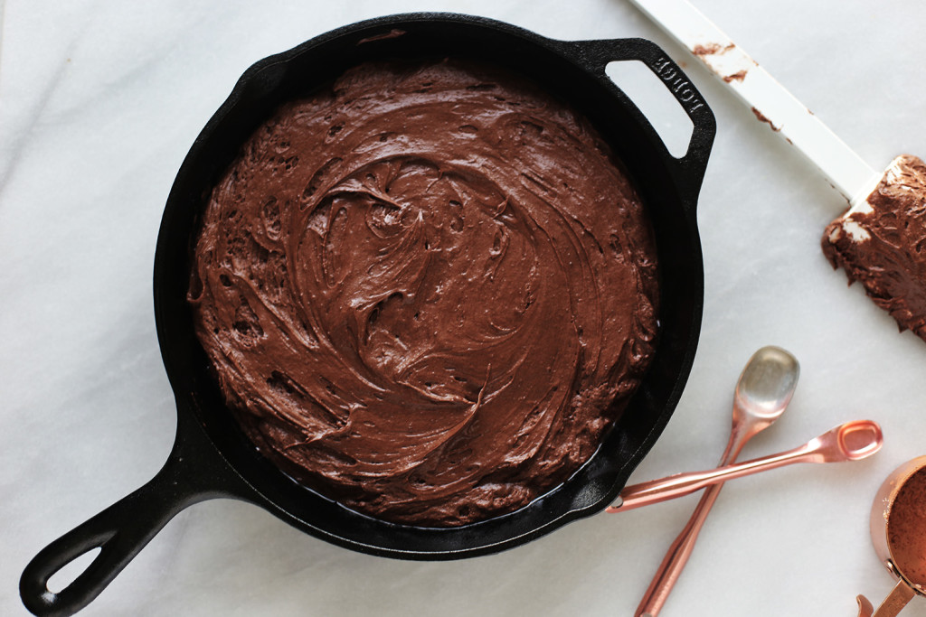 Salted Cast Iron Brownie, as easy as one bowl, one measure cup and spoon.