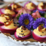 Beet Pickled Deviled Eggs with Caramelized Shallots