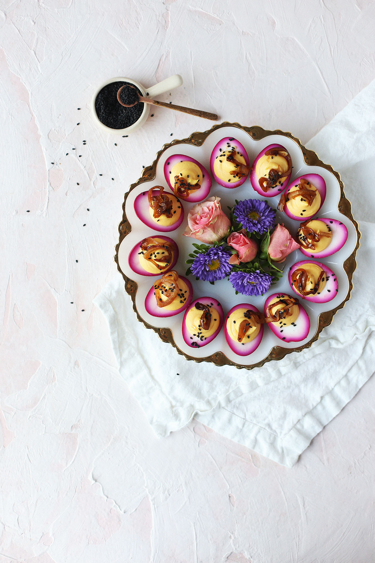 Beet Pickled Deviled Eggs with Caramelized Shallots