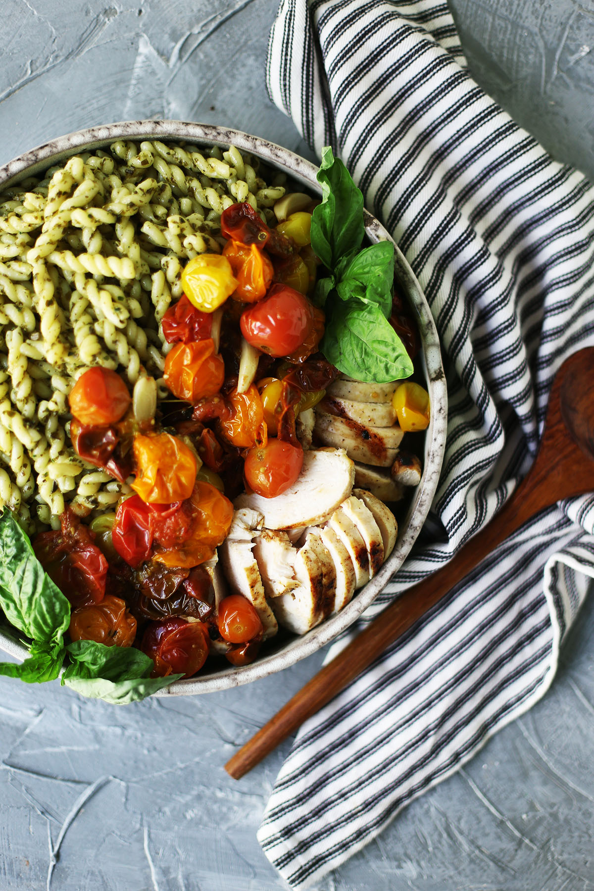 Pesto Pasta with Lemon Garlic Chicken and Cherry Tomato Confit