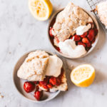 overhead image of two plates of Lemon Poppy Seed Strawberry Shortcake