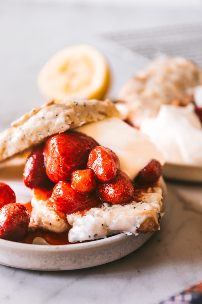 Lemon Poppy Seed Strawberry Shortcake on a plate