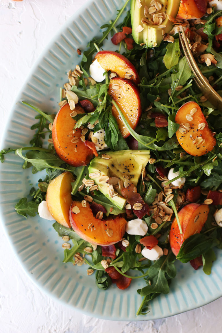 Arugula Peach and Crispy Bacon Salad with Maple Granola