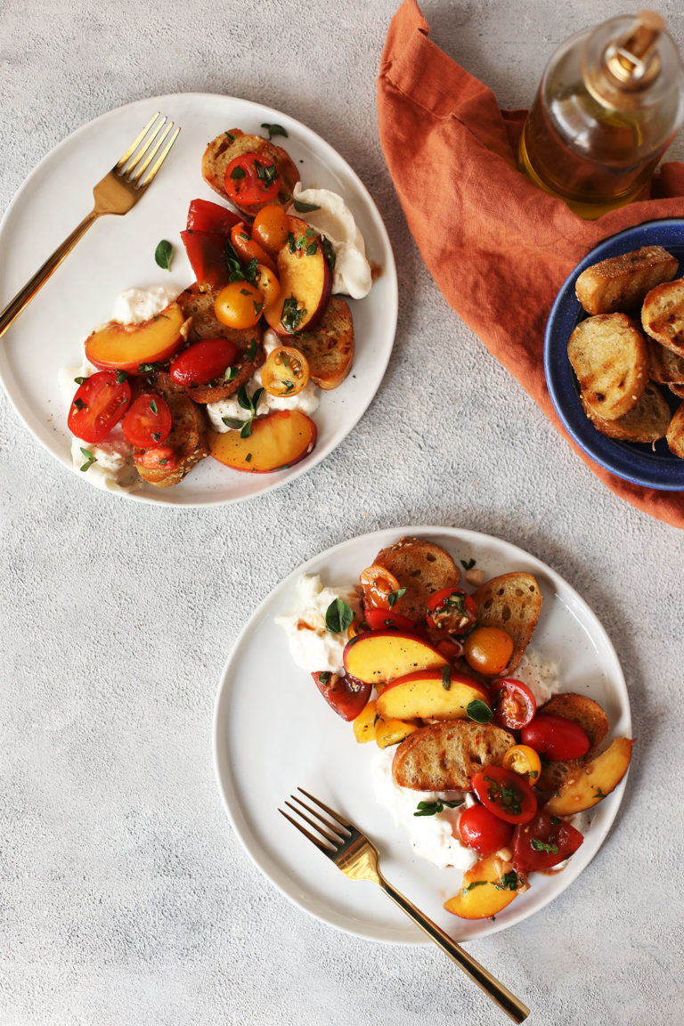 Peach Caprese Crostini Salad with Burotta