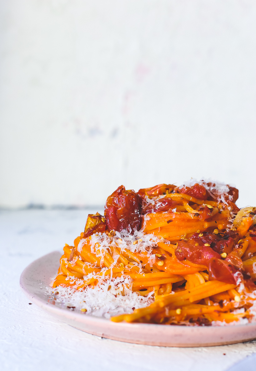 Creamy Roasted Red Pepper Chickpea Spaghetti
