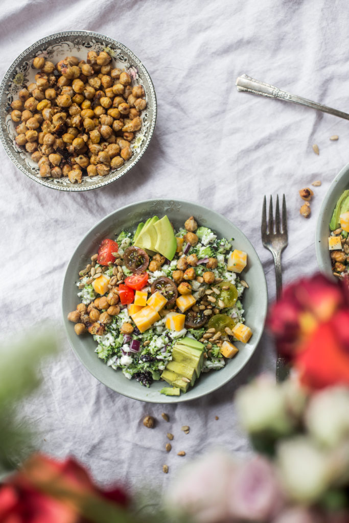 Broccoli Cauliflower Summer Chop Salad with Bacon Chickpeas