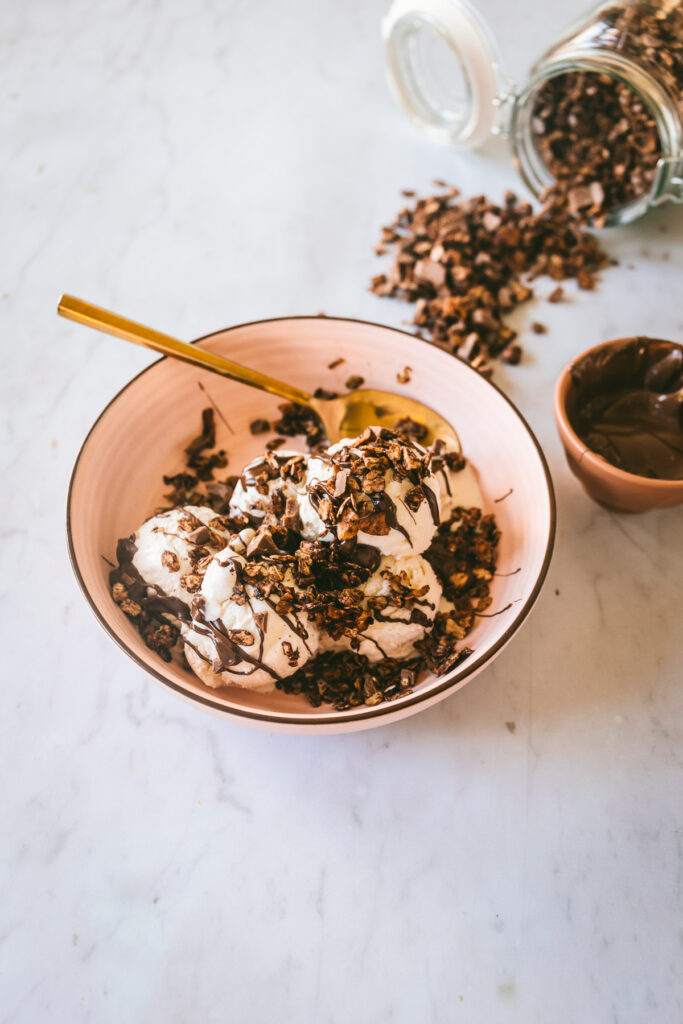 Chocolate Hazelnut Dessert Granola on vanilla icecream