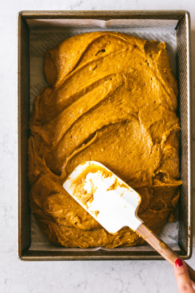 overhead image of batter bing spread in prepared pan