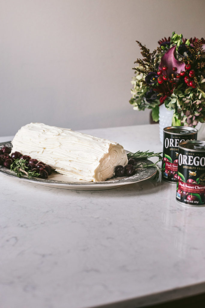 Head on image of white chocolate frosted yule log