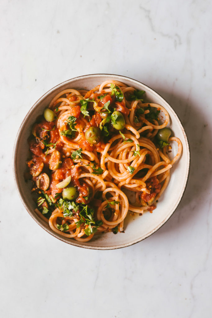 One bowl of the finished Pasta Puttanesca.