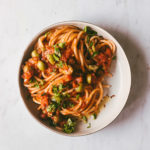 One bowl of the finished Pasta Puttanesca.