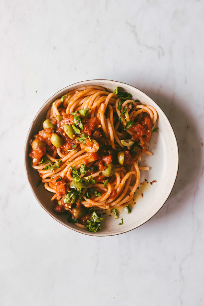 One bowl of the finished Pasta Puttanesca.