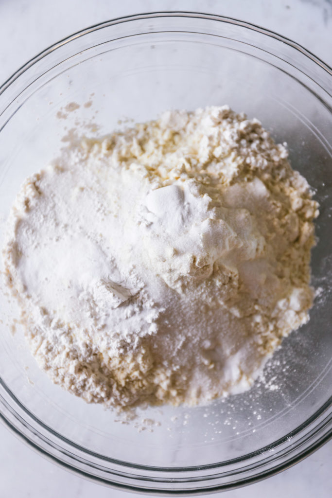 Overhead image of all the dry ingredients in a bowl waiting to be mixed