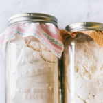 close up of buttermilk pancake mix in a glass jar