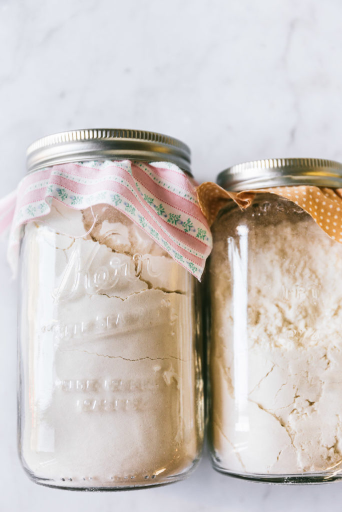 close up of buttermilk pancake mix in a glass jar