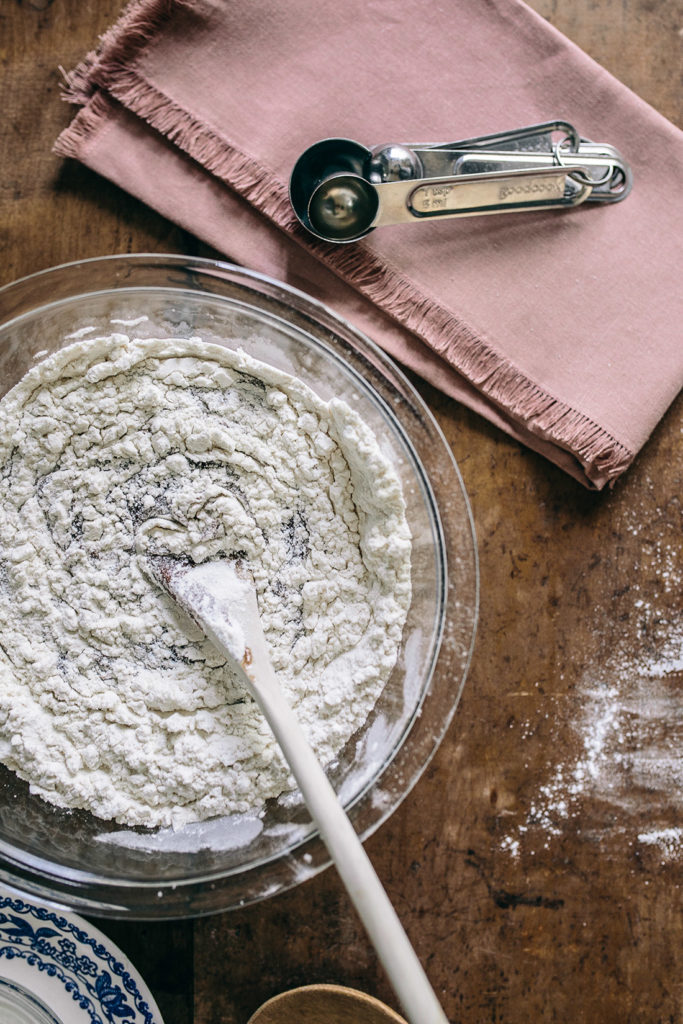 overhead image of brownie batter being stirred