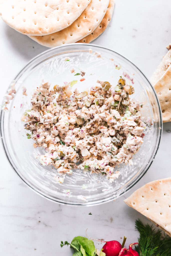 overhead image of finished chicken salad