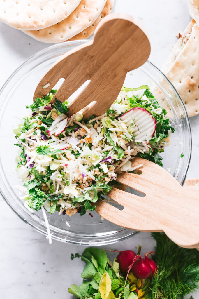 overhead shot of finished dill pickle salad