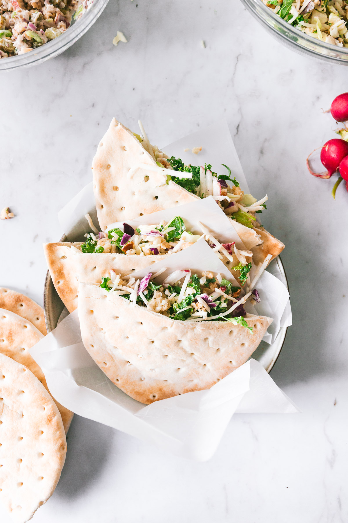 Three Dill Chicken Salad Pitas in a bowl