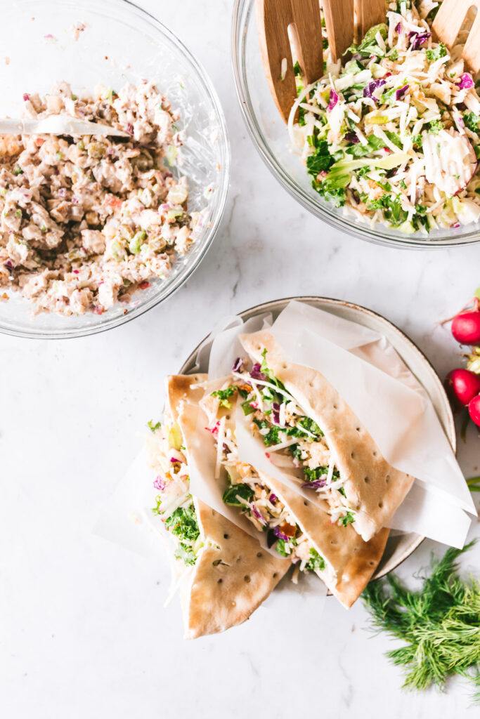 Three Dill Chicken Salad Pitas in a bowl