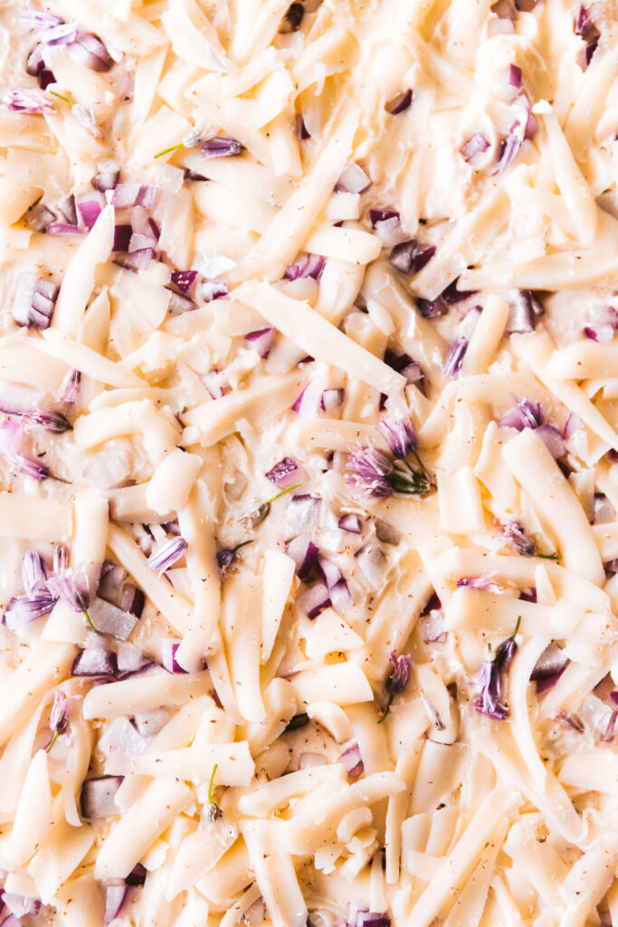 Close-up shot of the cheese and onion rolled out onto the dough