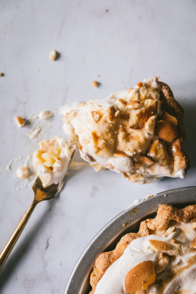 A slice of pie on the counter with a bite taken out