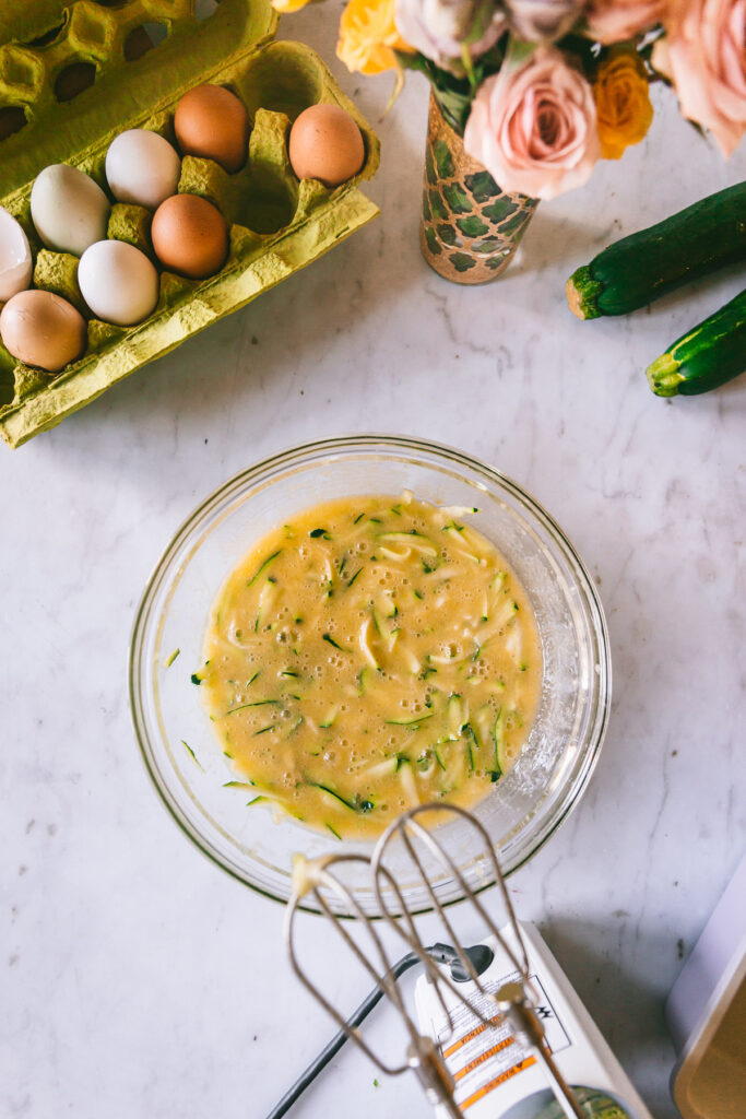 Overhead shot of wet ingredients for zucchini bread