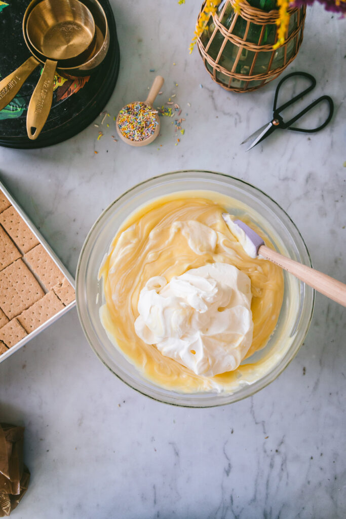 Overhead shot of the cooked custard about to be folded with whipped cream